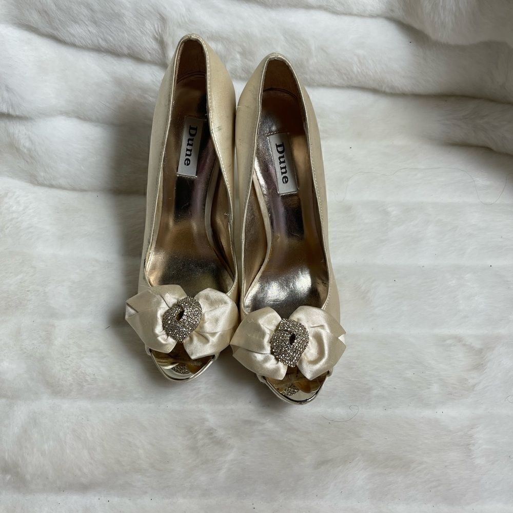 Dune Beige satin platform heels peep toe with a satin bow & rhinestones …